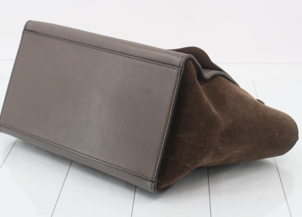 CélineTrapeze Medium Piel gris topo y ante marrón con solapa burdeos