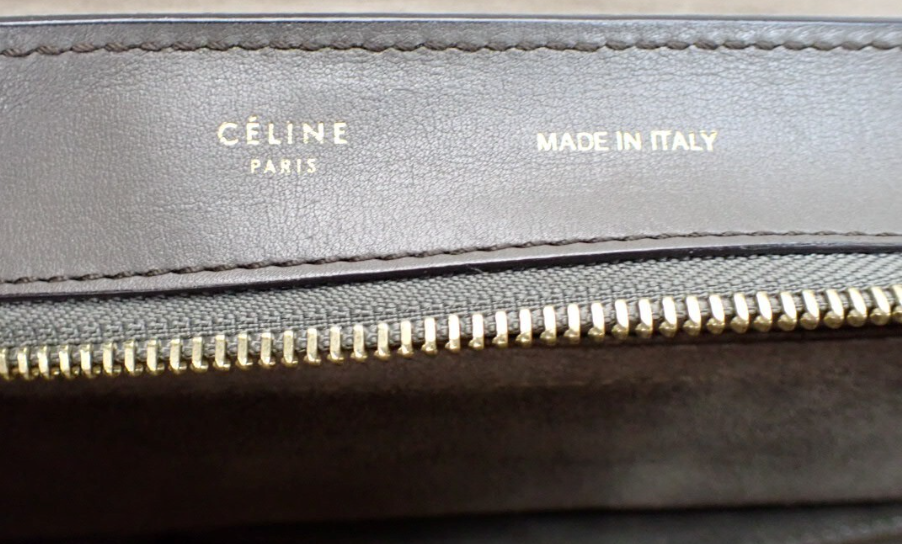 CélineTrapeze Medium Piel gris topo y ante marrón con solapa burdeos