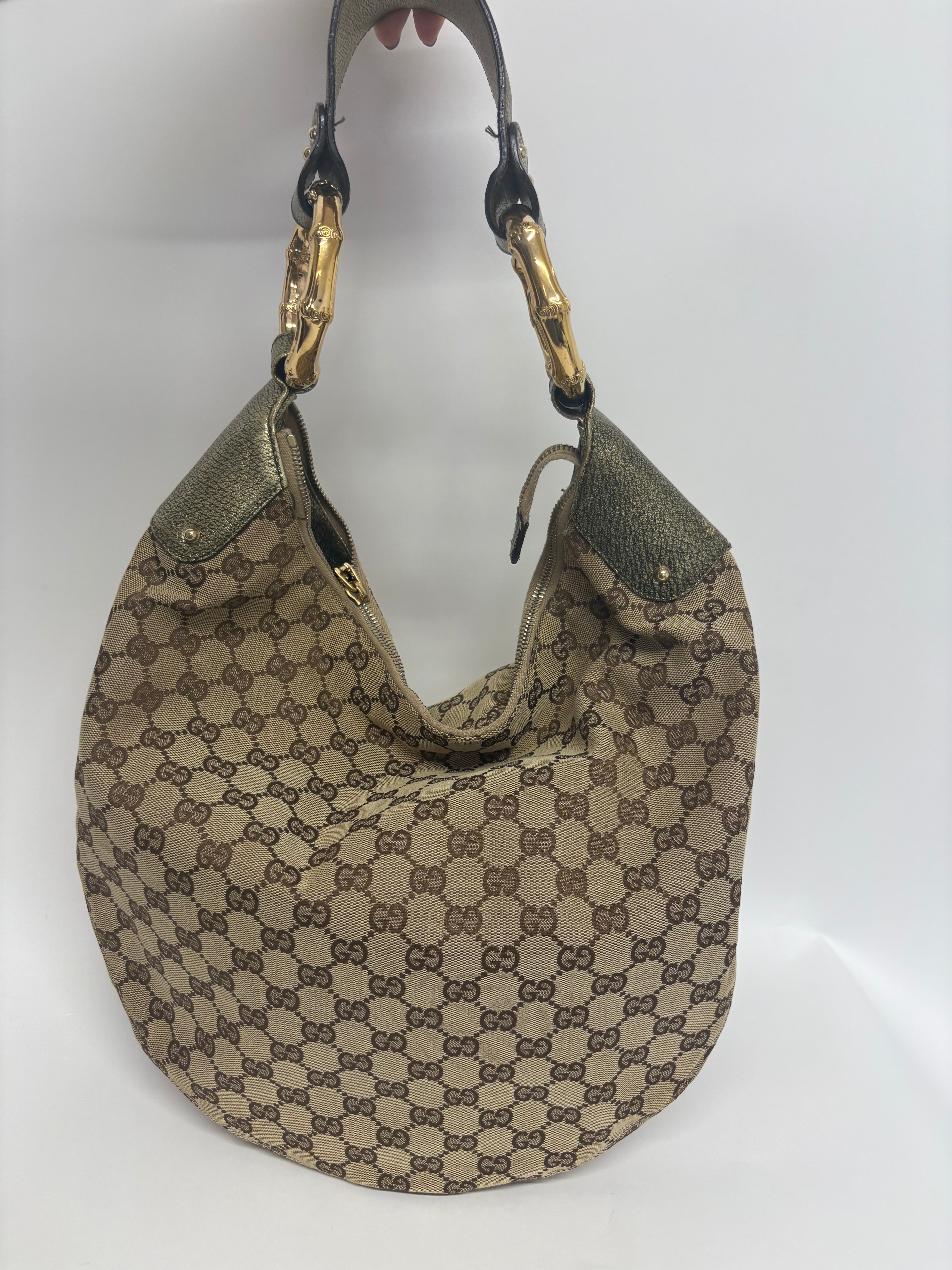 Gucci Bamboo ring  GG Canvas con Metal verde metalizado