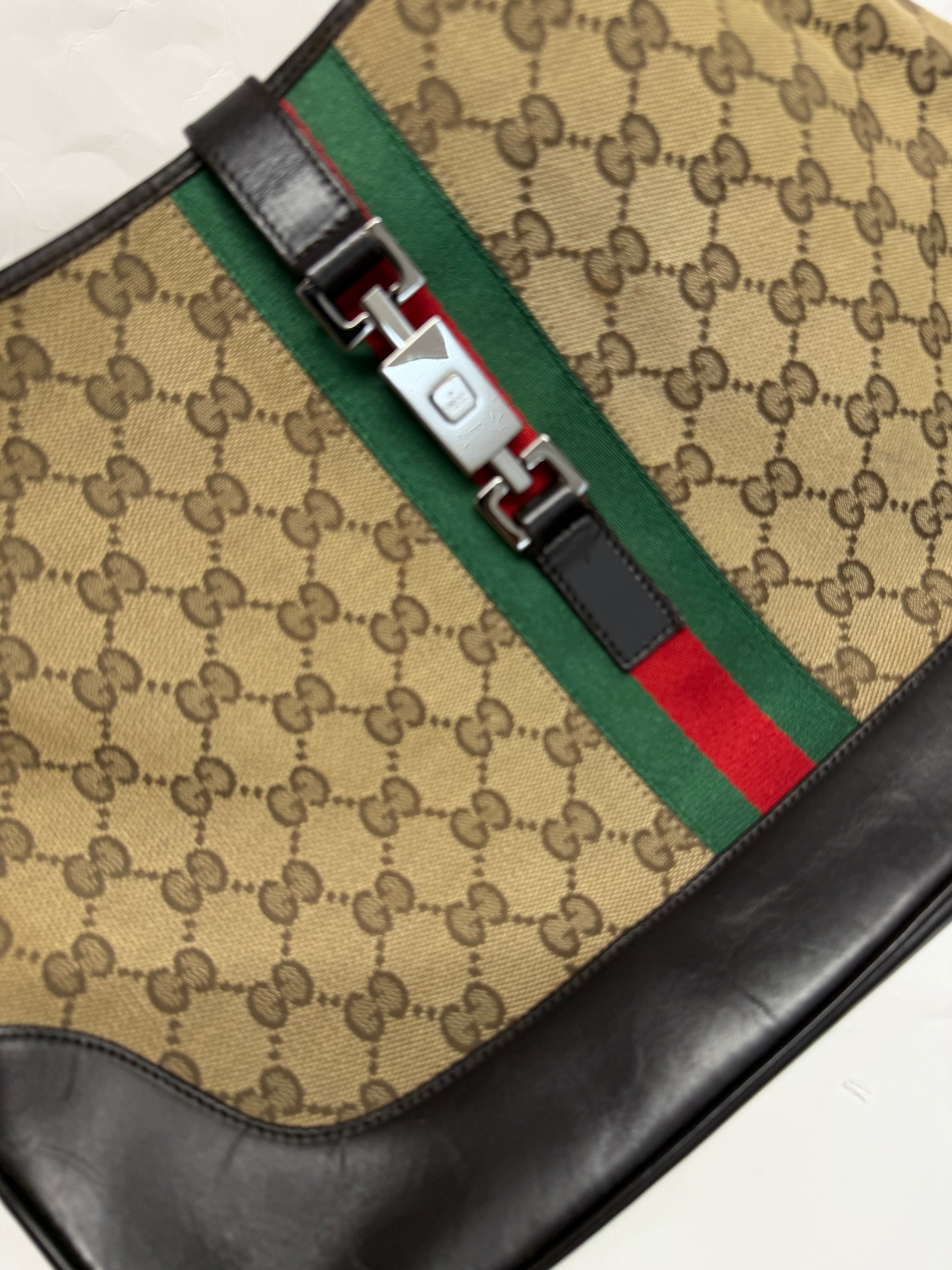 Gucci Jackie Grande Clásico Vintage | GG Canvas & Piel Marrón Oscuro