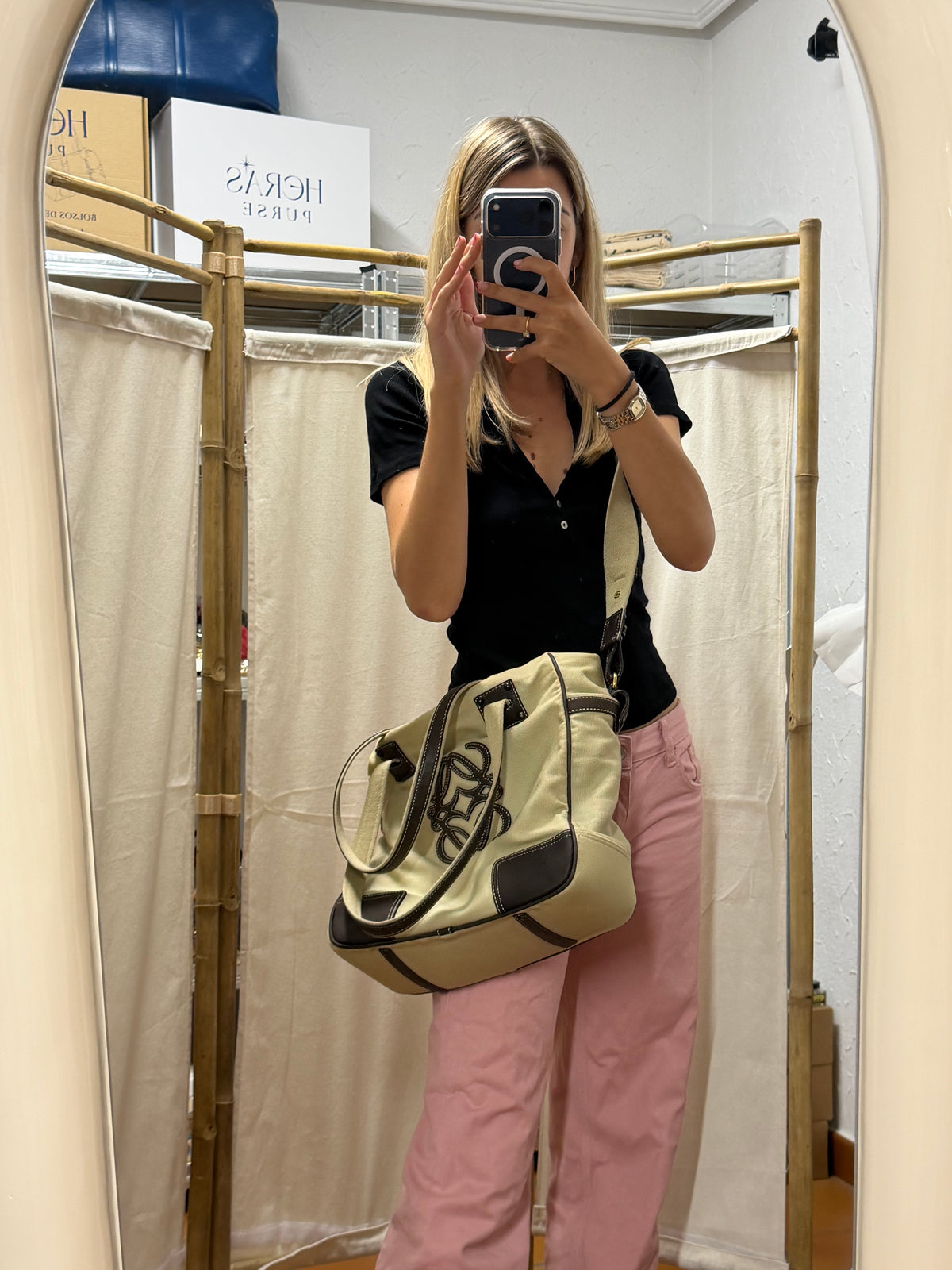 Loewe Tote Lona Crema con Anagrama en Piel Marrón y bandolera