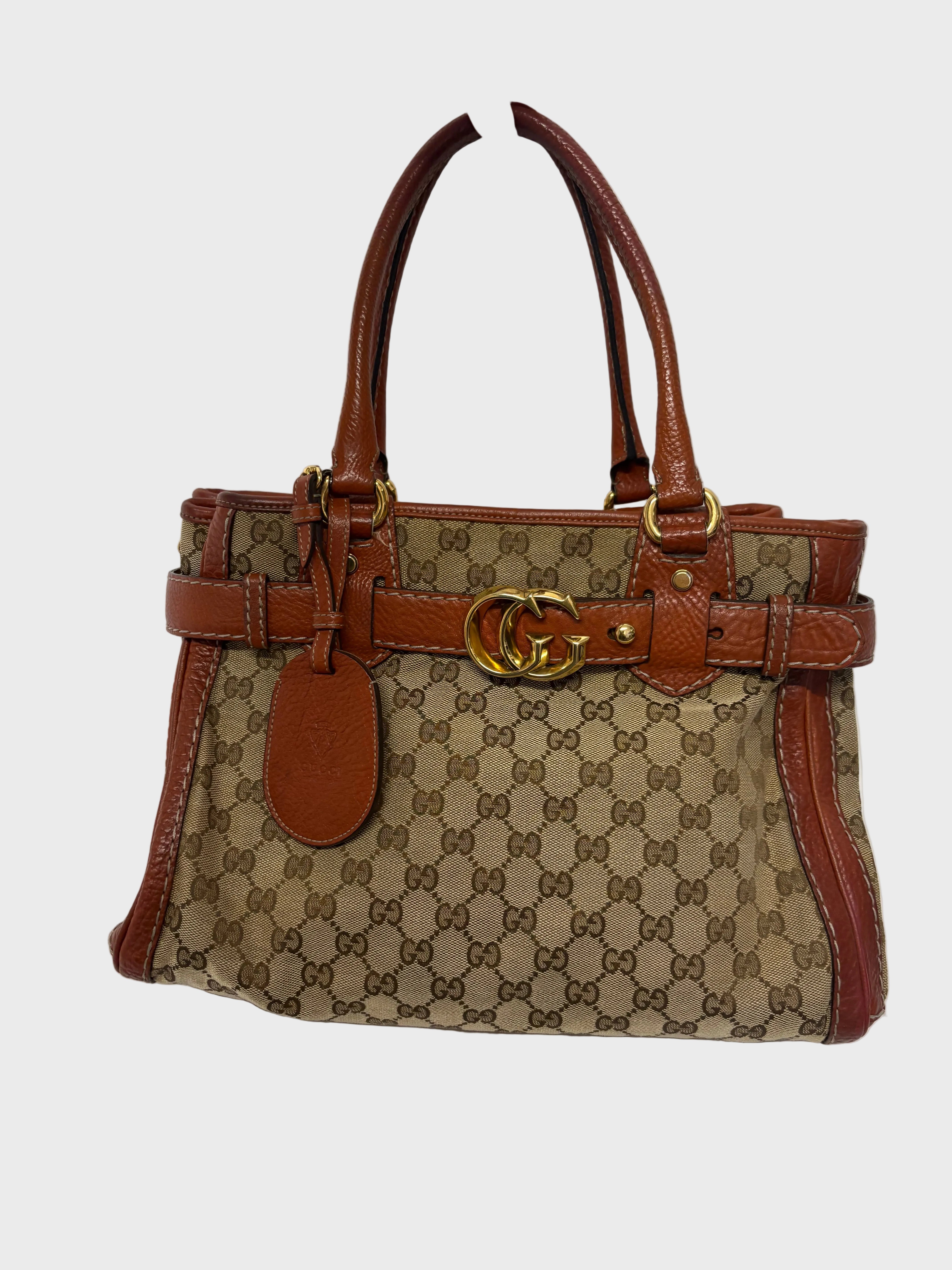 Gucci GG Marmont Tote Small en lona GG Supreme y piel marrón