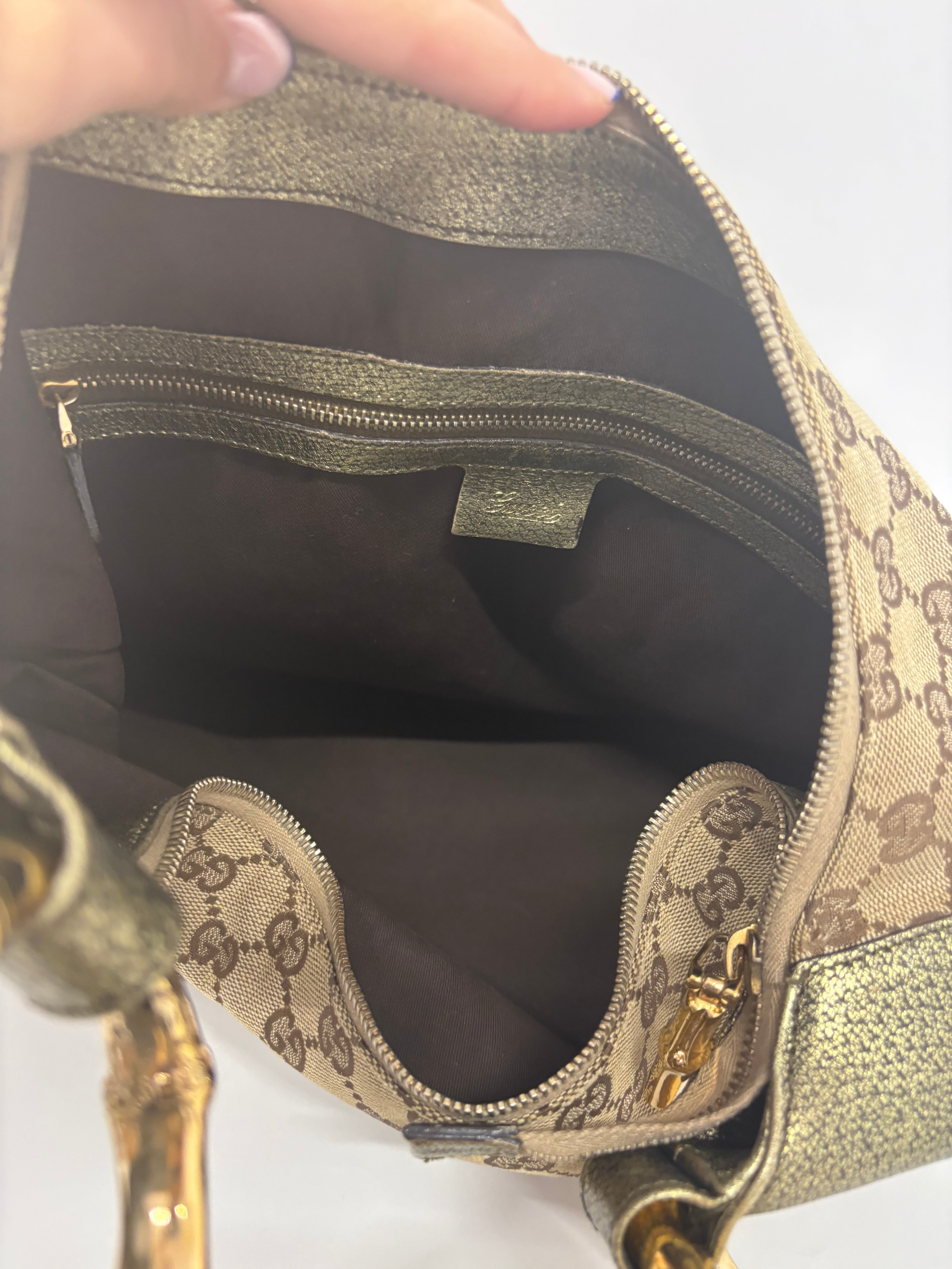 Gucci Bamboo ring  GG Canvas con Metal verde metalizado