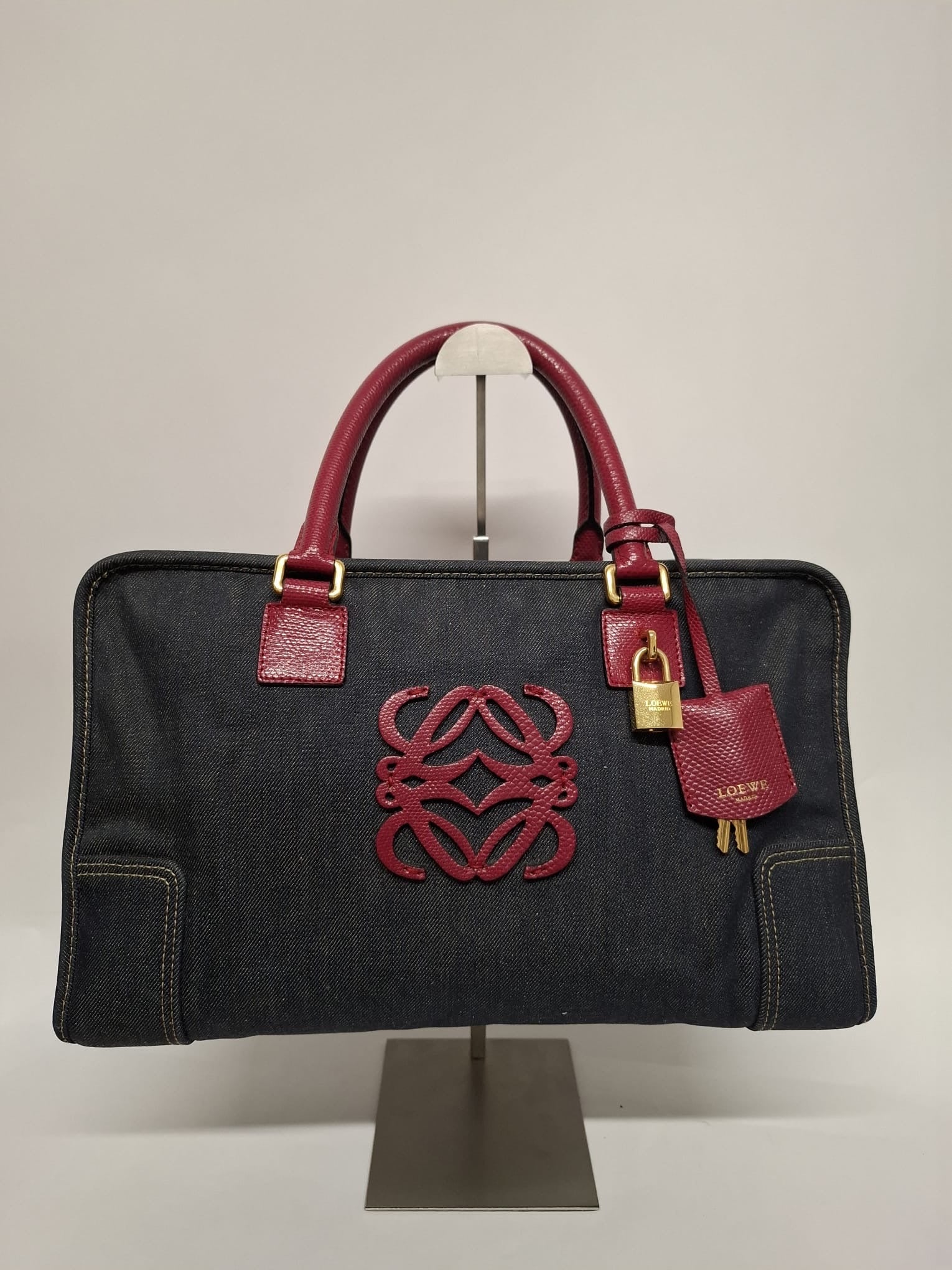 Loewe Amazona 36 Denim y Piel Rosa Efecto Lagarto