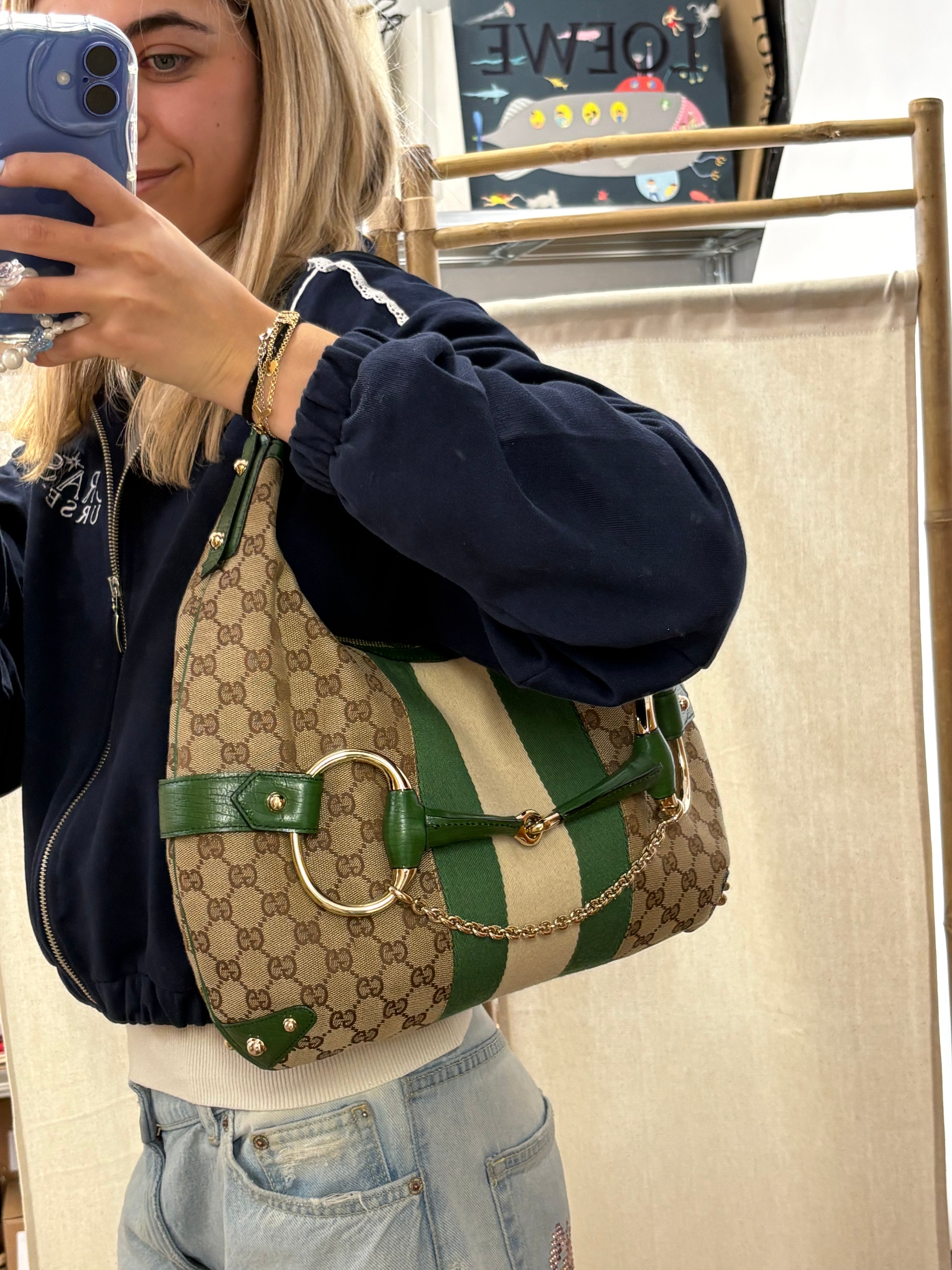 Gucci Horsebit Hobo chain large GG Canvas Verde Web