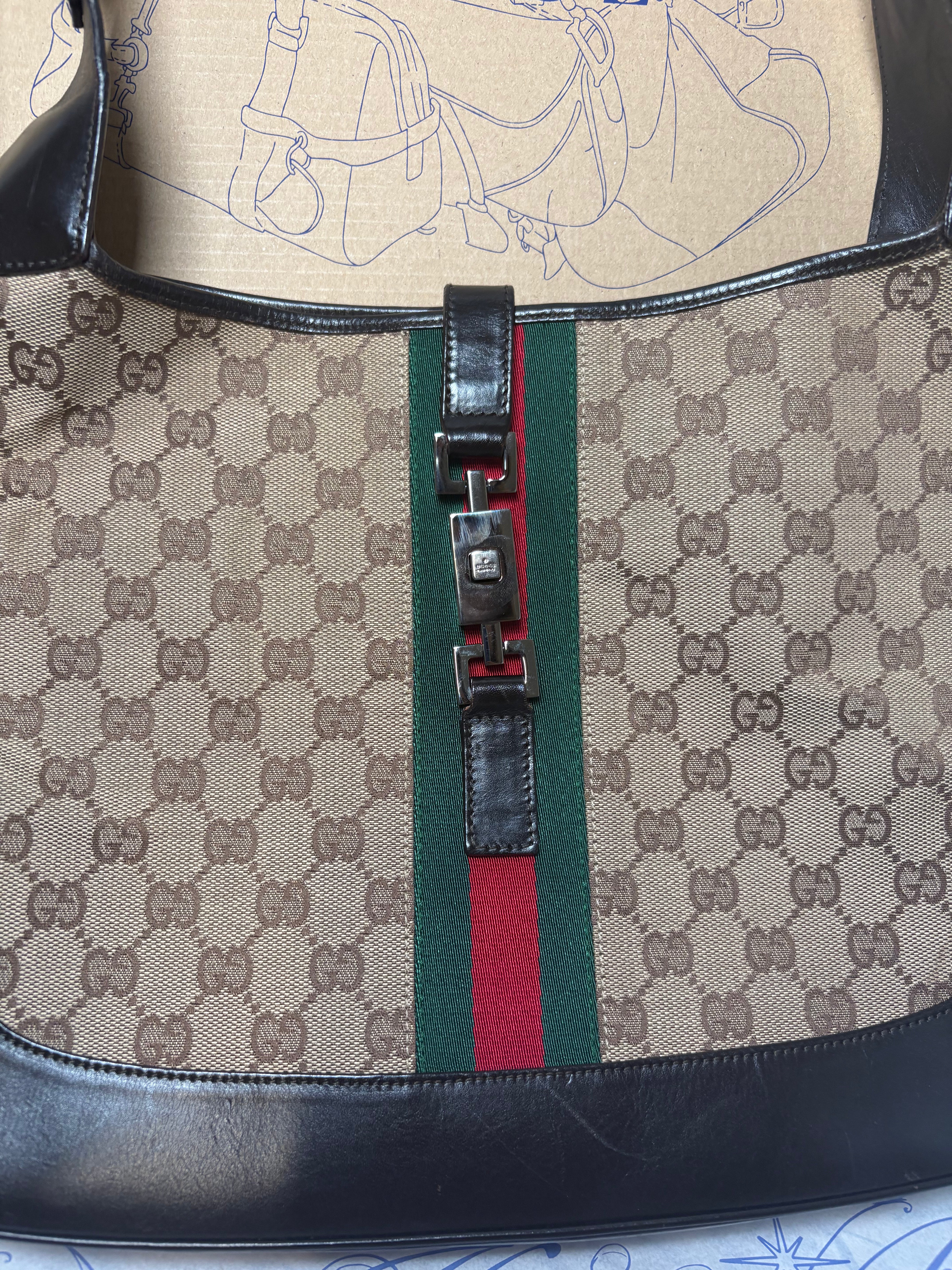 Gucci Jackie Grande Clásico Vintage | GG Canvas & Piel Marrón Oscuro