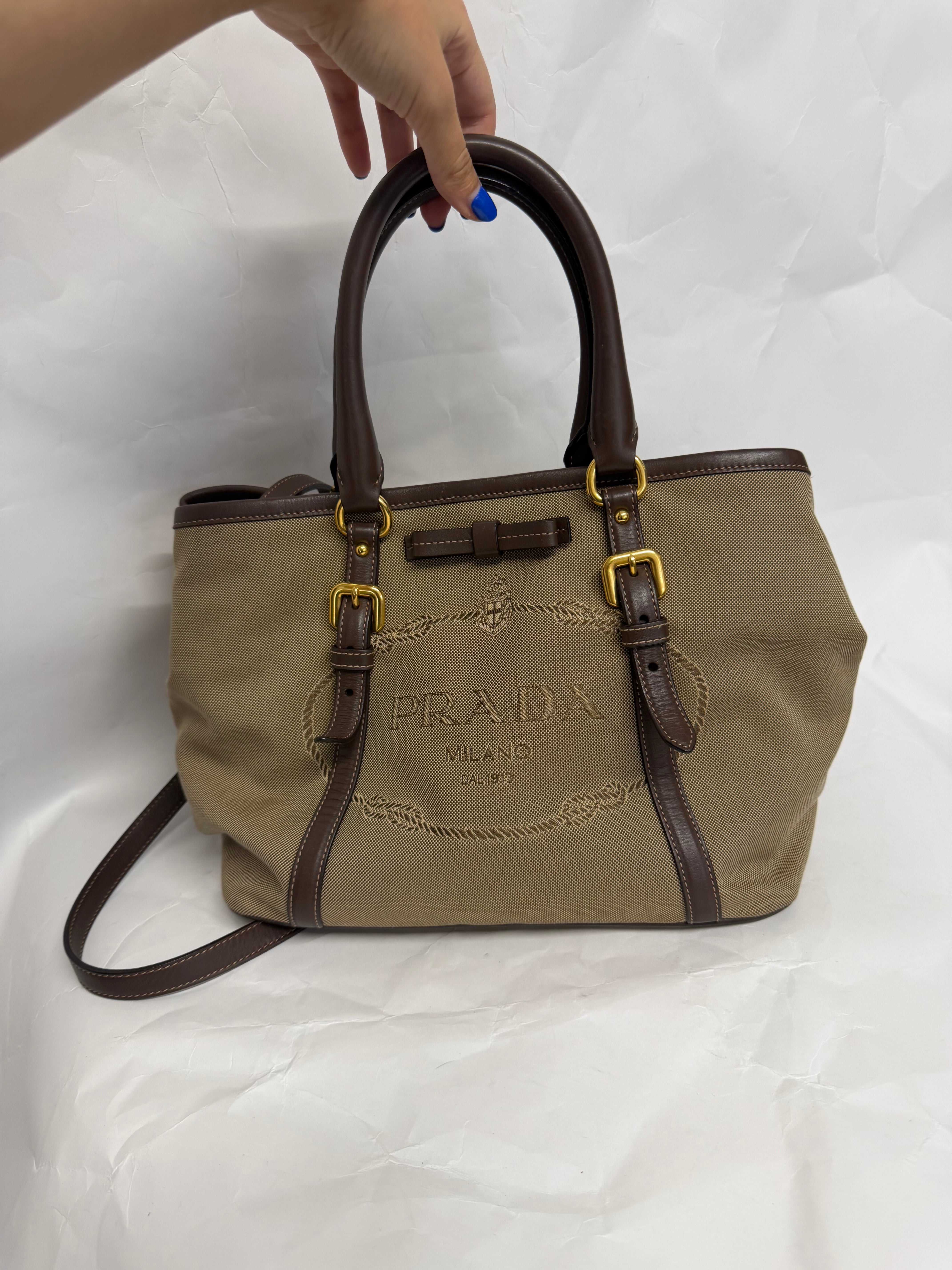 Prada Logo Jacquard Handbag | Canvas Beige Brown