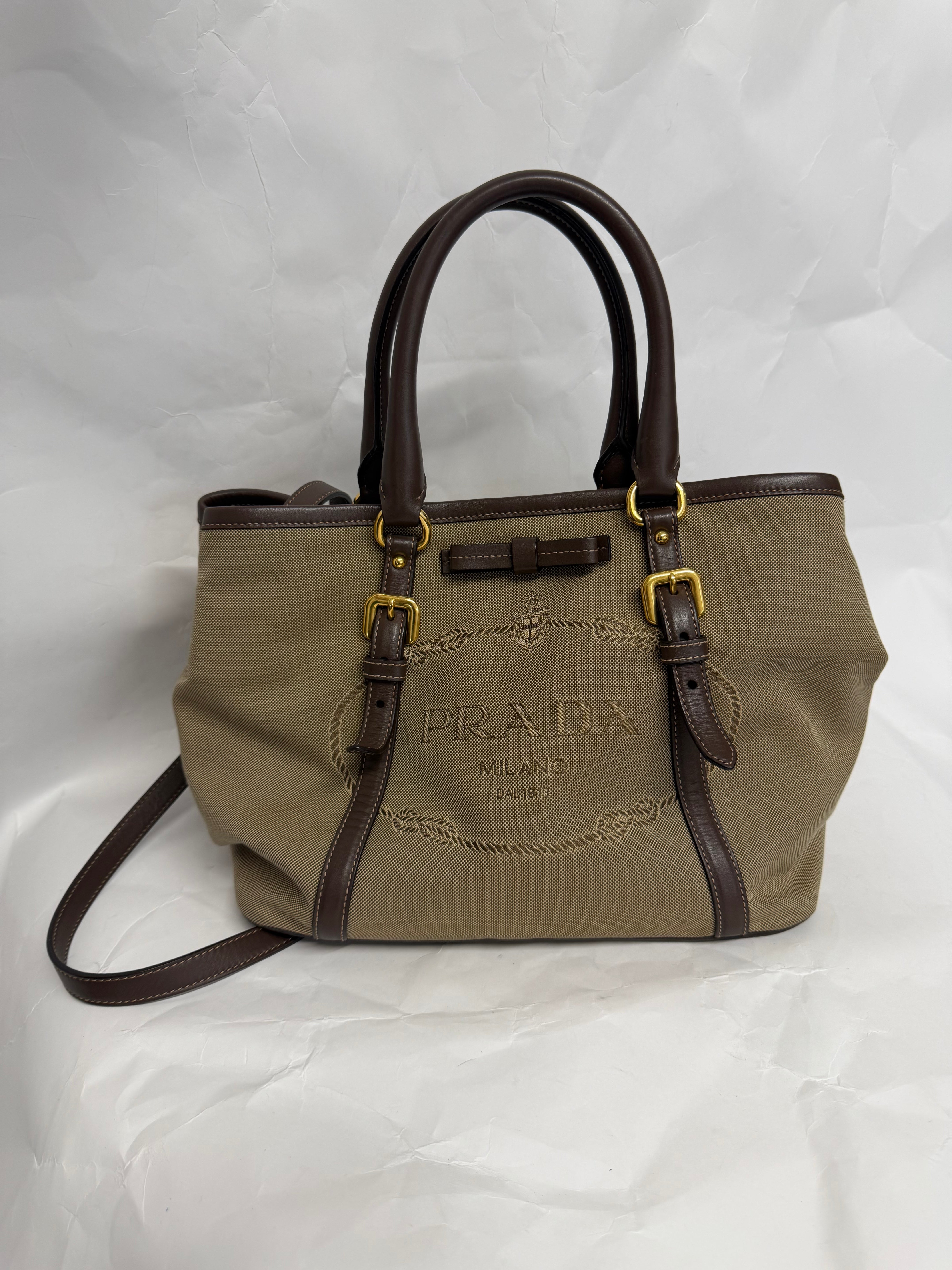 Prada Logo Jacquard Handbag | Canvas Beige Brown