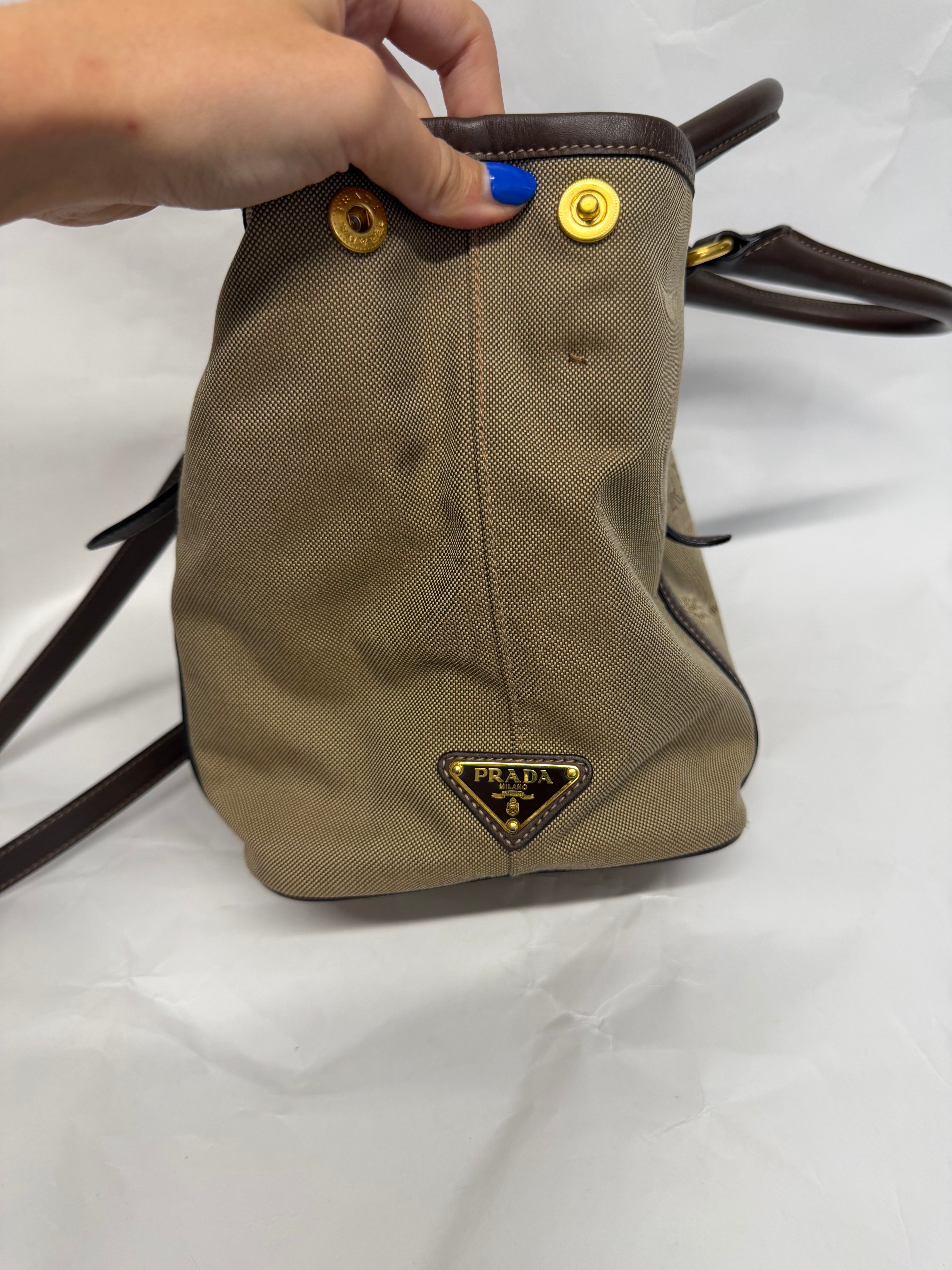 Prada Logo Jacquard Handbag | Canvas Beige Brown