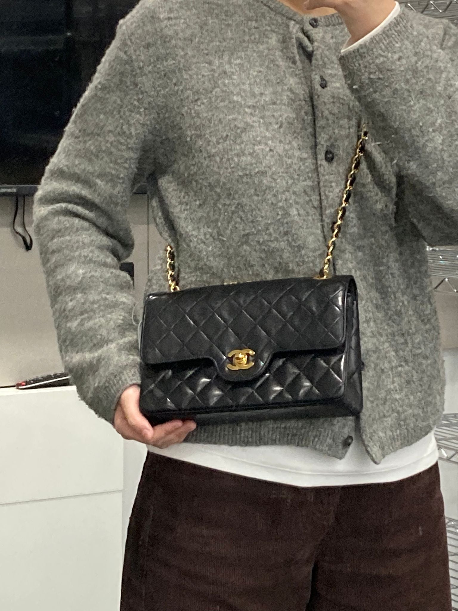 CHANEL Timeless 23 Double Flap  Lambskin negro · Herrajes dorados · Serie 1